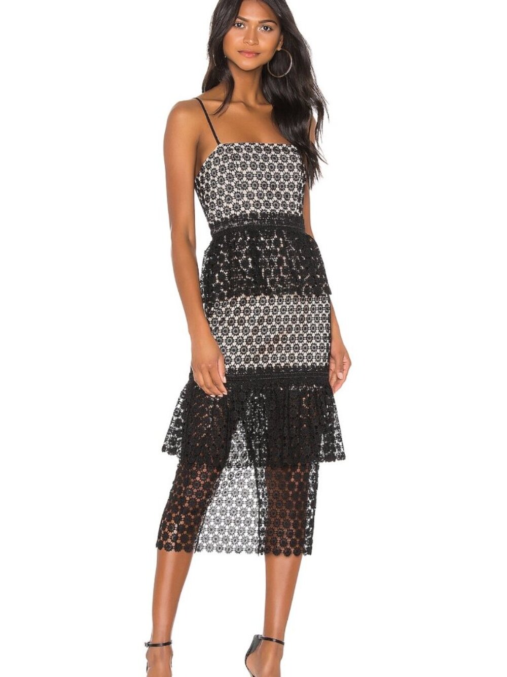 NBD Dolores Midi Dress | Size Small | Black Embroidered Eyelet Ruffle